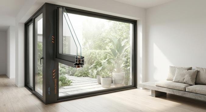 A modern, high-quality triple-glazed window in a bright living room, showcasing energy-efficient design and natural light.