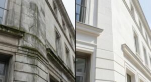 A split-screen image showing the before and after results of a professional facade cleaning on a building.