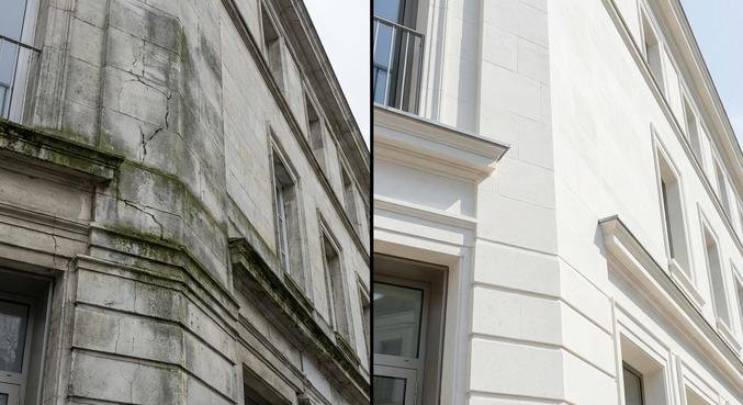 A split-screen image showing the before and after results of a professional facade cleaning on a building.