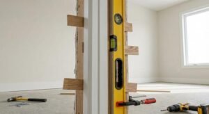A professional installation of a modern white interior door frame using a spirit level and wooden shims.
