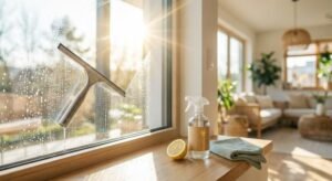 Streak-free window being cleaned with a squeegee, accompanied by natural cleaning supplies like lemon and a spray bottle.