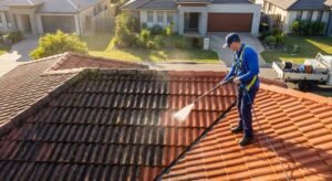 A professional roof cleaner using a high-pressure washer to remove moss and dirt from a residential tile roof.
