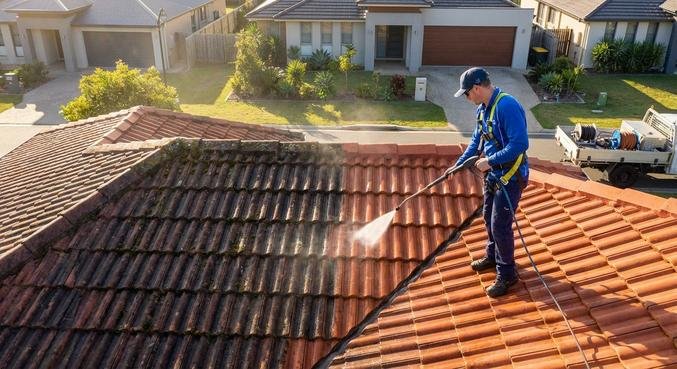 A professional roof cleaner using a high-pressure washer to remove moss and dirt from a residential tile roof.