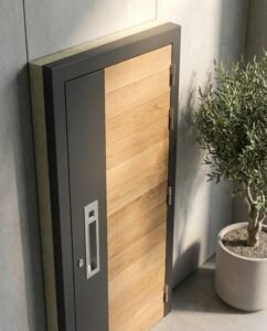 Modern high-security front door with wood and metal finish, showcasing energy-efficient design and smart lock technology.