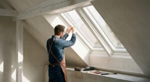 A professional craftsman installing a modern skylight in a bright, sunlit attic room.