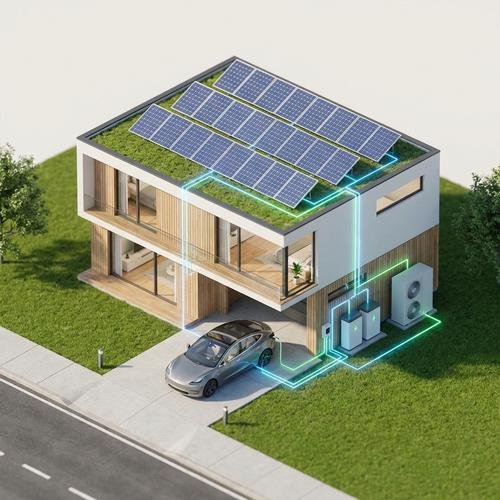 Modern smart home illustration showing sector coupling between solar panels, electric vehicle charging, and intelligent heating systems.