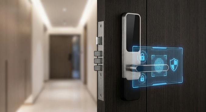 Modern front door featuring a smart lock and mechanical security systems for enhanced home burglary protection.