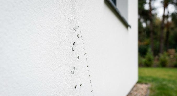 Moderne, saubere Hausfassade mit WDVS-Schutz, an der Regentropfen dank Abperleffekt einfach herablaufen.