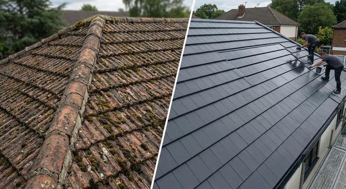 Comparison showing a weathered roof on one side and a freshly coated, modern anthracite roof on the other.