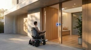 Ein moderner, barrierefreier Hauseingang mit einer smarten Tür, die sich automatisch für einen Rollstuhlfahrer öffnet.