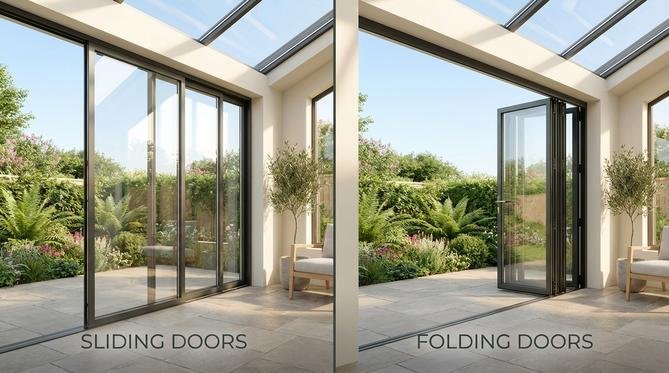 A modern conservatory showcasing a side-by-side comparison of glass sliding doors and folding glass walls opening to a garden.