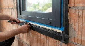 Professional window installation showing RAL-standard sealing tapes and insulation for energy efficiency.