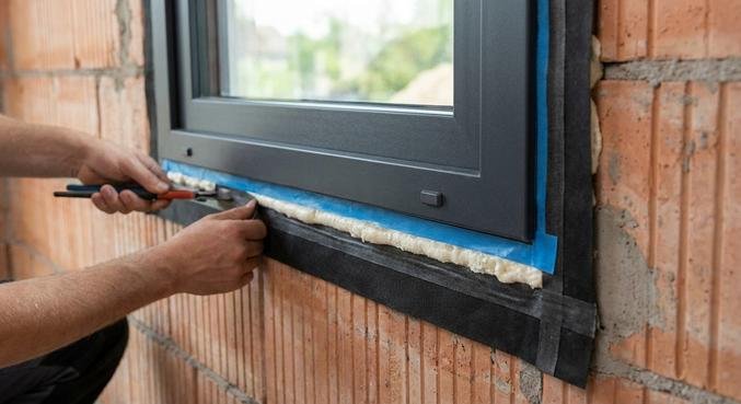 Professional window installation showing RAL-standard sealing tapes and insulation for energy efficiency.