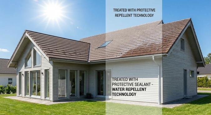 A clean, moss-free tiled roof on a modern house, showing water beading off a protective coating.