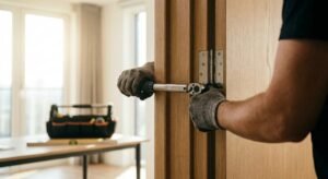 Professional technician performing maintenance and precision adjustment on a modern wooden door hinge in a bright home.