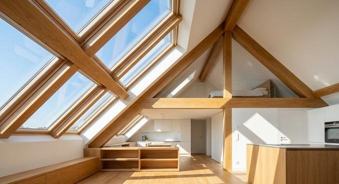 Modern attic room with large skylights allowing bright natural light to fill a minimalist living space.
