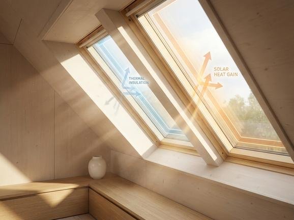 A modern triple-glazed roof window in a bright attic, illustrating energy-efficient glazing and solar heat gain.