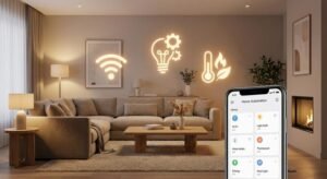 A modern living room with floating smart home icons and a smartphone displaying a home automation dashboard.