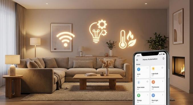 A modern living room with floating smart home icons and a smartphone displaying a home automation dashboard.