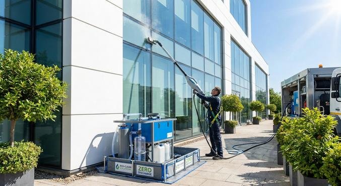 Professional eco-friendly facade cleaning on a modern building with a wastewater protection system and collection mats.