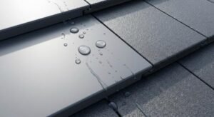 Close-up of water droplets beading on a freshly coated, dark grey tiled roof, showcasing weatherproof protection.