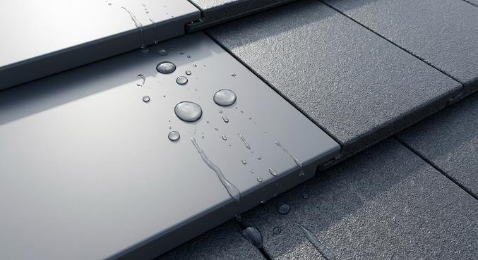 Close-up of water droplets beading on a freshly coated, dark grey tiled roof, showcasing weatherproof protection.