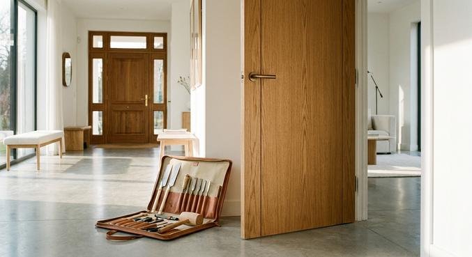 Modern interior and front doors in a bright, minimalist home, representing door selection and professional installation.
