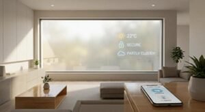 Modern living room with a smart window showing a digital interface for security and temperature control.