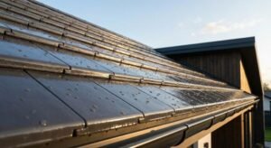 A close-up of professional dark grey roof tiles with a high-quality, water-repellent protective coating.