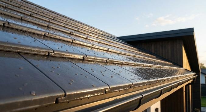 A close-up of professional dark grey roof tiles with a high-quality, water-repellent protective coating.