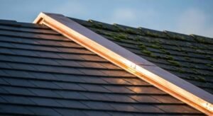 Close-up of roof tiles with a copper strip installed as a long-term moss protection solution.