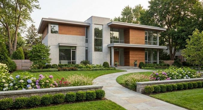A modern residential building with a well-maintained garden and clean stone paths, symbolizing property value and safety.