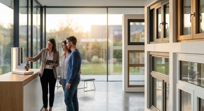Professional consultant advising a client in a modern window showroom with high-quality window frame samples.