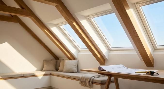 Bright, modern attic room with newly installed skylights letting in natural sunlight.