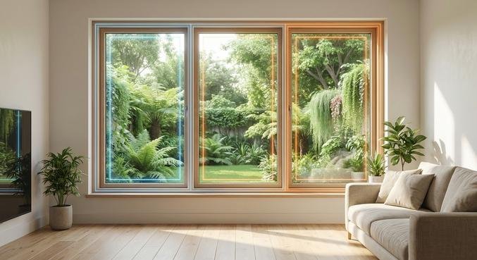 Modern energy-efficient window in a bright house with technical icons representing insulation and 2024 government funding.