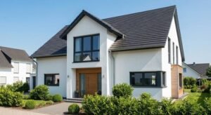 A modern house with a perfectly coated, dark grey roof, showcasing professional roof renovation and maintenance.