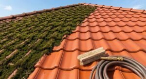 A split view of a terracotta roof showing one side covered in moss and the other side clean.