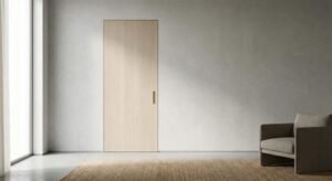 Modern minimalist interior door with a sleek frame in a quiet, contemporary home setting.