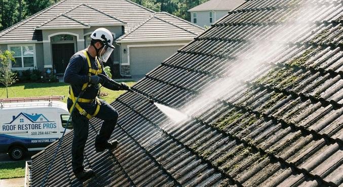 Professional roof cleaning in progress with a high-pressure washer, removing moss from dark roof tiles.