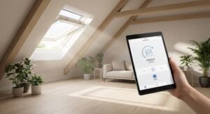 Modern attic room with a smart skylight being controlled via a tablet app for automatic ventilation.