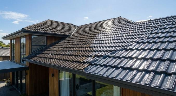 Comparison of aged roof tiles versus freshly coated, glossy roof tiles on a modern house.