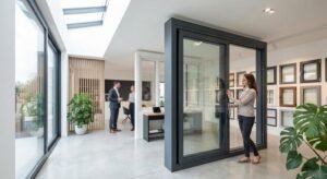 A bright, modern window showroom displaying various high-quality windows for customers to test and experience live.