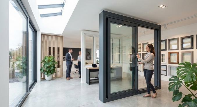 A bright, modern window showroom displaying various high-quality windows for customers to test and experience live.