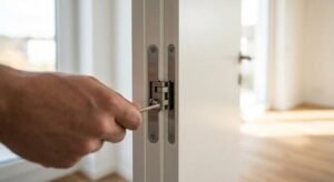 A close-up of a person using a tool to adjust the hinge of a modern white door.