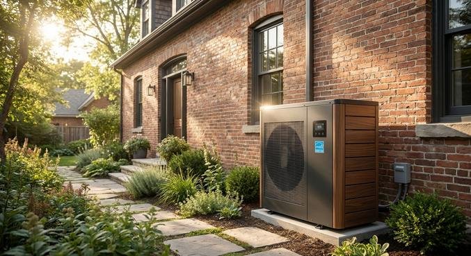 Modern air-source heat pump installed next to a traditional brick house, illustrating energy-efficient renovation.