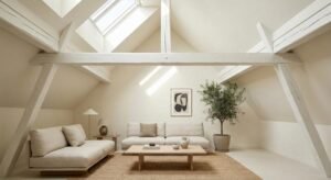 White painted wooden beams in a modern, light-filled attic apartment with a cozy interior.