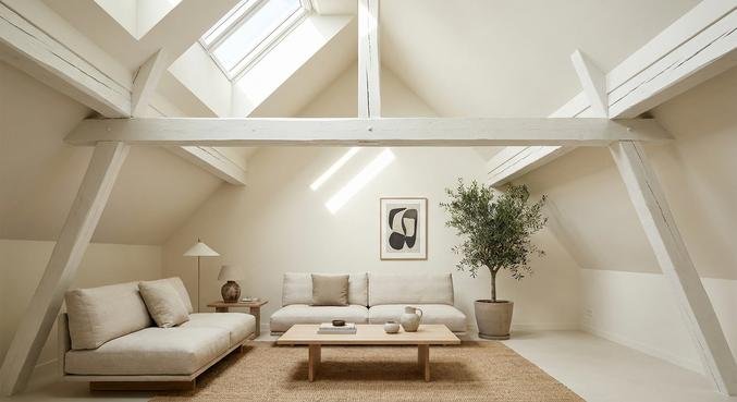White painted wooden beams in a modern, light-filled attic apartment with a cozy interior.