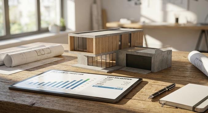 Modern architectural house model on a desk with financial charts and blueprints representing 2024 construction costs.