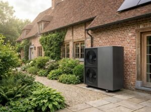 Modern heat pump installed outside a renovated traditional brick house with a green garden in the background.