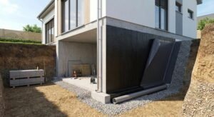 Cross-section of a house basement wall showing exterior waterproofing with bitumen coating and drainage membrane.